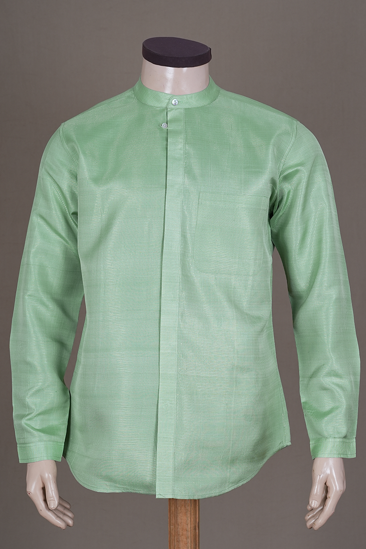 Chinese Collar Stripes Design Pastel Green Silk Shirt