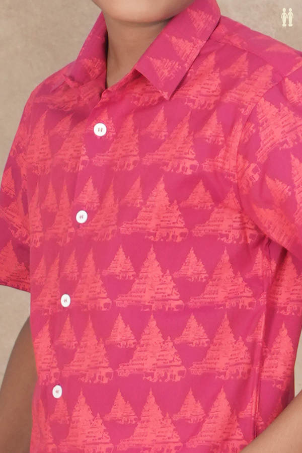 Regular Collar Traditional Temple Design Dark Pink Cotton Shirt