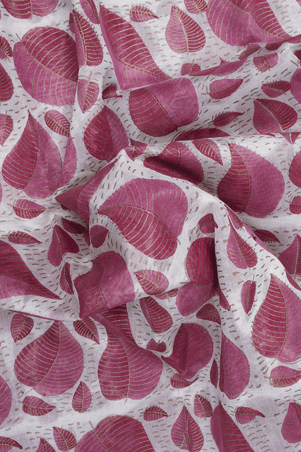 Leaf Printed Design Egg White Chanderi Silk Cotton Saree