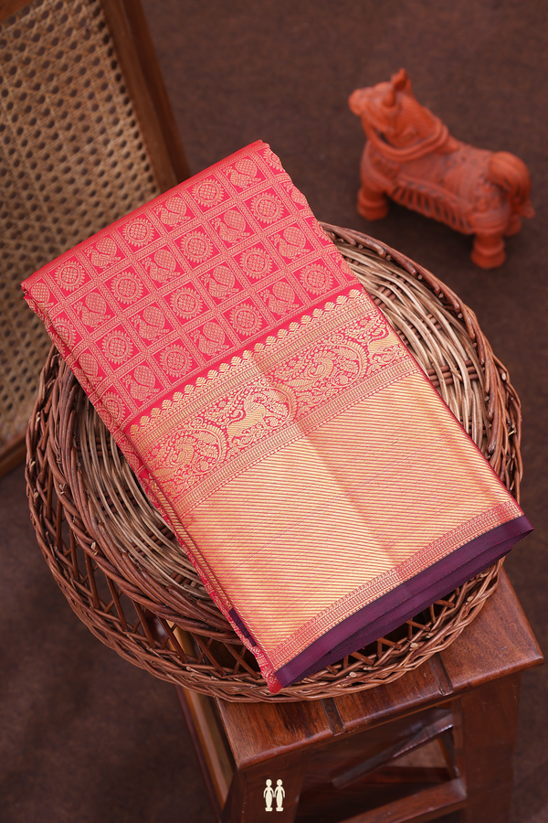 Kanchipuram Silk Saree In Reddish Pink With Brocade Design