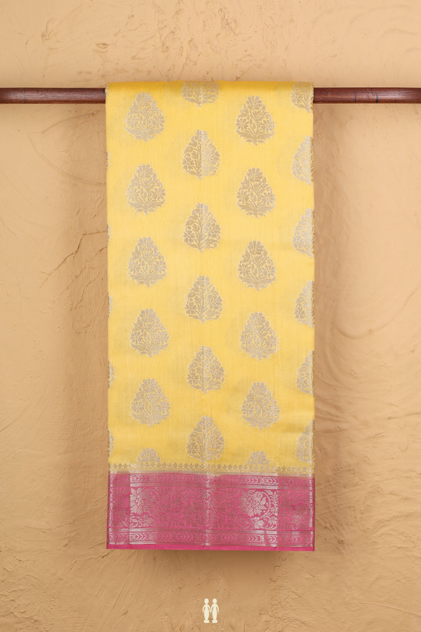 Raw Silk Saree In Yellow With Floral Motifs