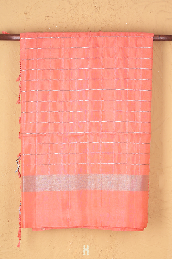 Soft Silk Saree In Peach With Checks Design