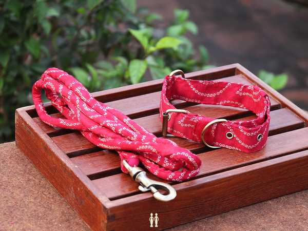 Rose Red Cotton Dog Collar With Rope Set