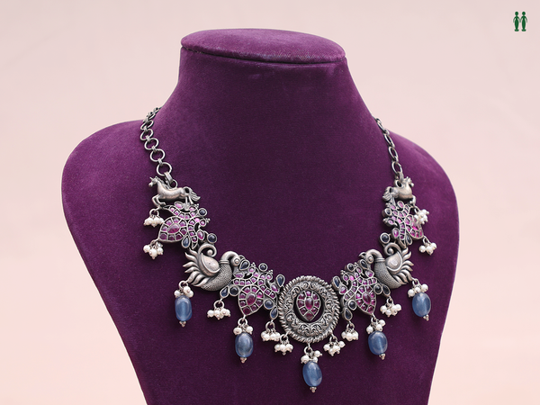 Peacock Design Oxidized Pure Silver Necklace