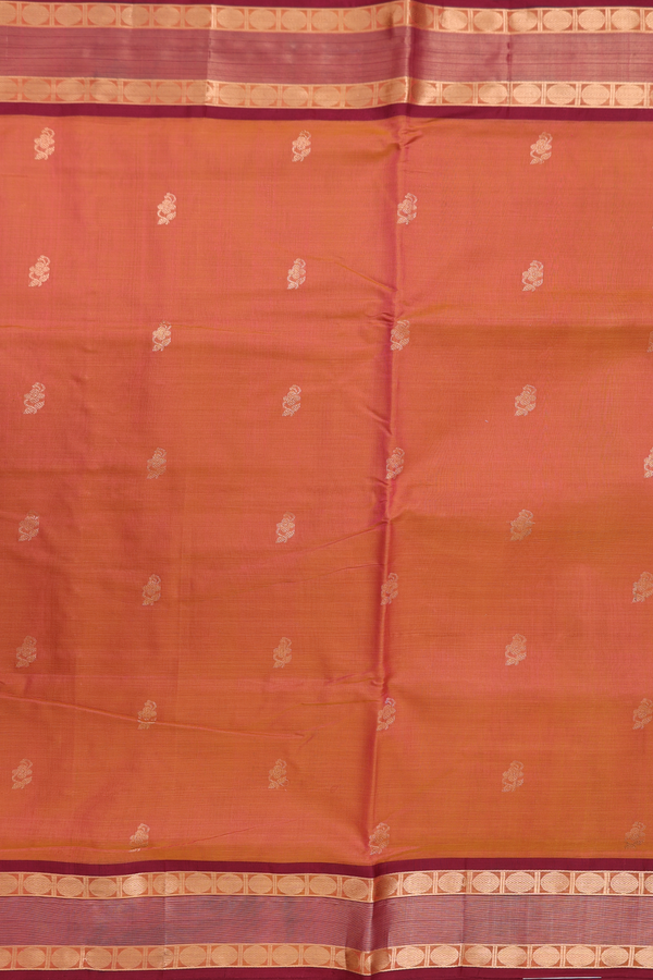 Nine Yards Silk Cotton Saree Coral Orange With Floral Buttas