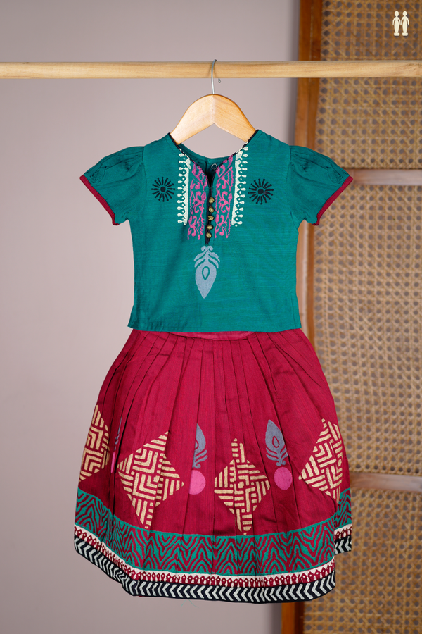 Printed Design Teal Blue And Maroon Readymade Pavadai Sattai