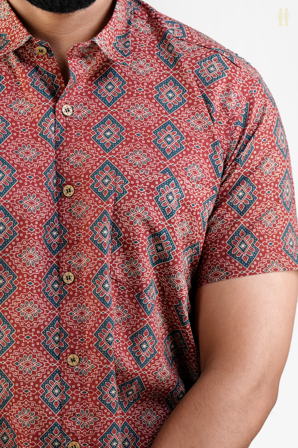 Regular Collar Printed Design Red Cotton Shirt