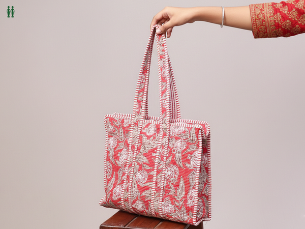 Floral Printed Design Red Cotton Hand Bag