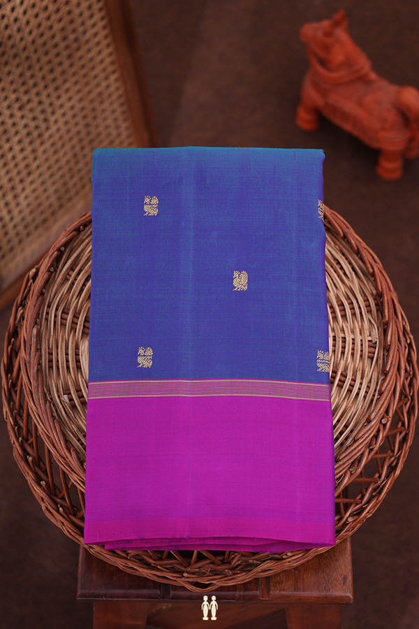 Kanchipuram Silk Saree In Blue With Peacock Buttas