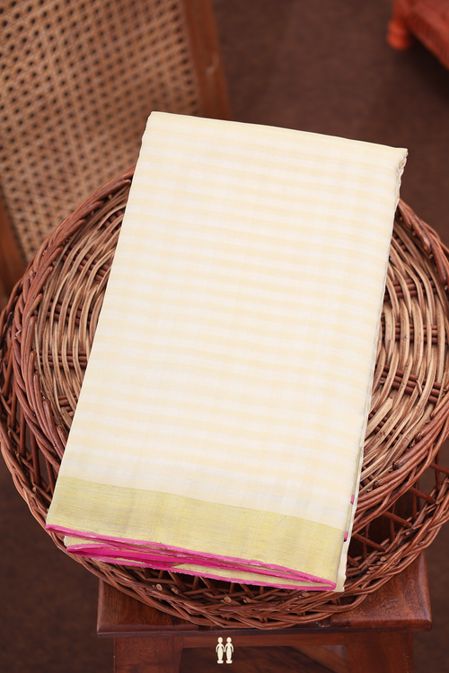 Kanchipuram Silk Saree In Beige With Stripes Design