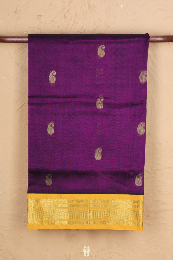 Traditional Silk Cotton Saree In Purple With Paisley Buttas