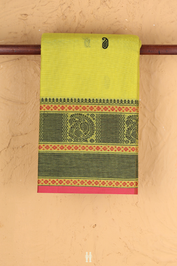 Chettinadu Cotton Saree In Lime Yellow With Paisley Buttis