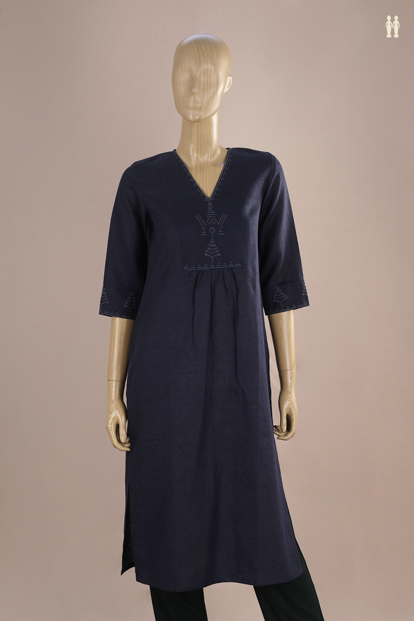 V-Neck Threadwork Design Navy Blue Linen Long Kurta