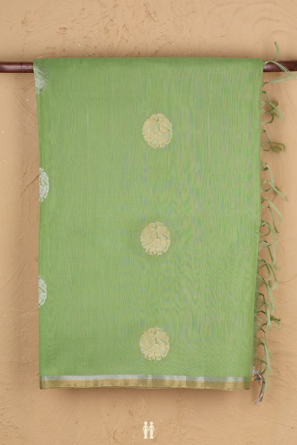 Kora Silk Cotton Saree In Pastel Green With Peacock Motifs