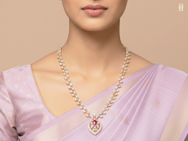 Pink And Crystal Stone Gold Plated Pure Silver Necklace
