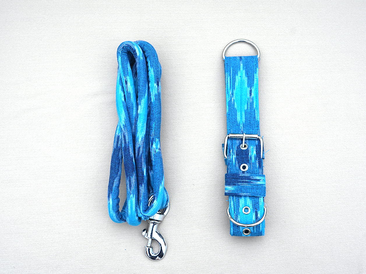 Capri Blue Ikat Cotton Dog Collar With Rope Set