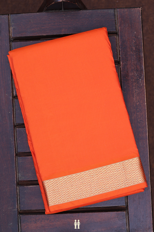 Chevron Border Bright Orange Silk Dhoti With Angavastram Set