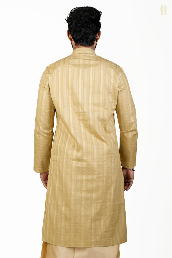 Chinese Collar Threadwork Design Khaki Cotton Long Kurta