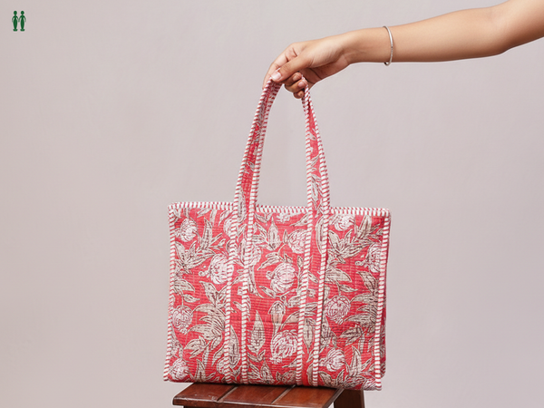 Floral Printed Design Red Cotton Hand Bag