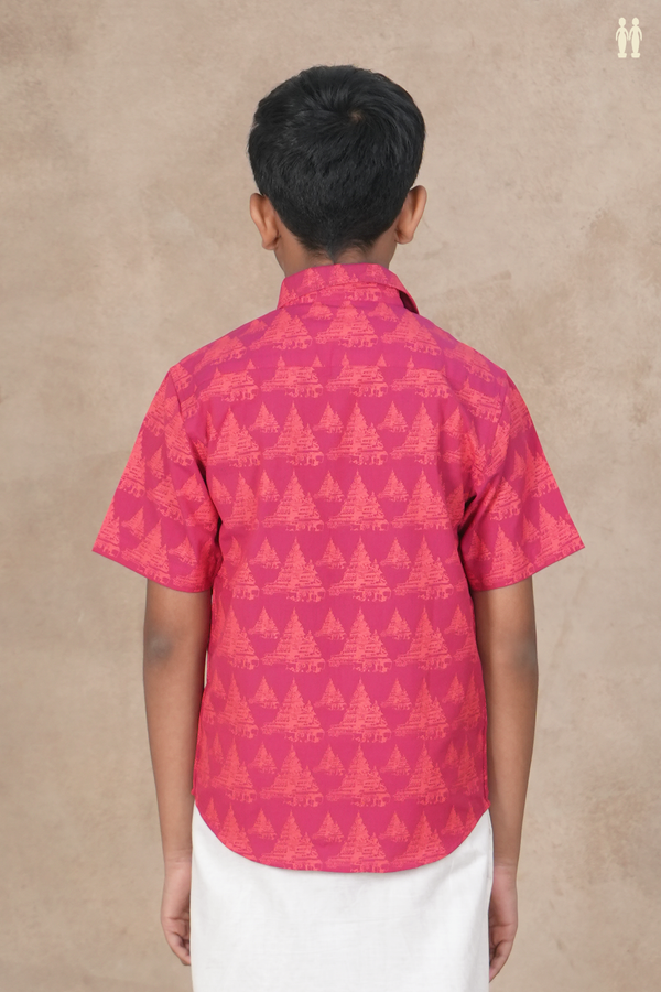 Regular Collar Traditional Temple Design Dark Pink Cotton Shirt