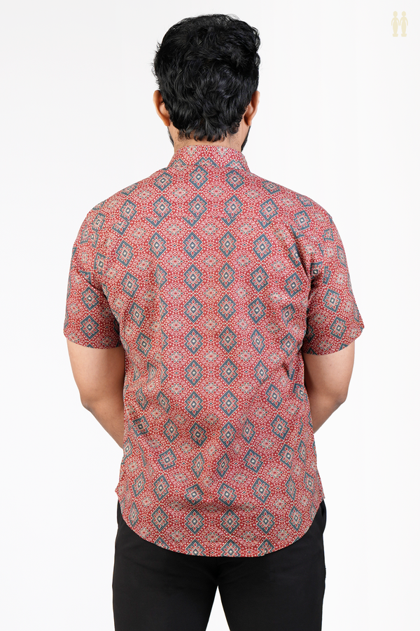 Regular Collar Printed Design Red Cotton Shirt