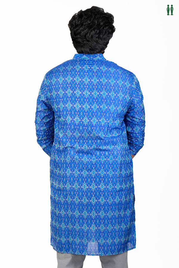Chinese Collar Printed Design Royal Blue Silk Cotton Long Kurta