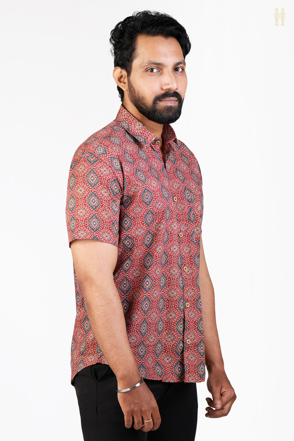 Regular Collar Printed Design Red Cotton Shirt