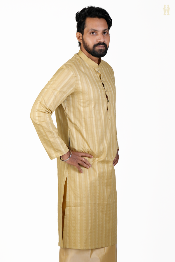 Chinese Collar Threadwork Design Khaki Cotton Long Kurta
