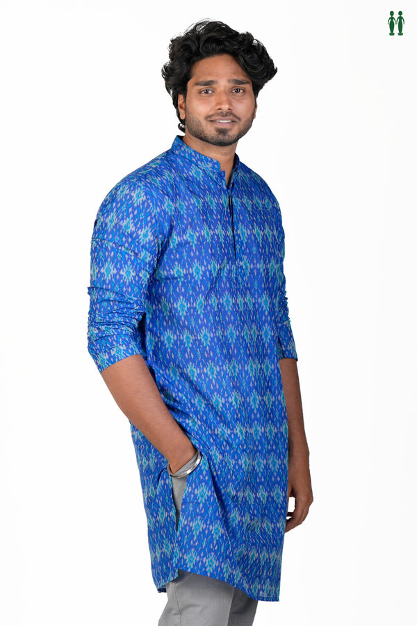 Chinese Collar Printed Design Royal Blue Silk Cotton Long Kurta