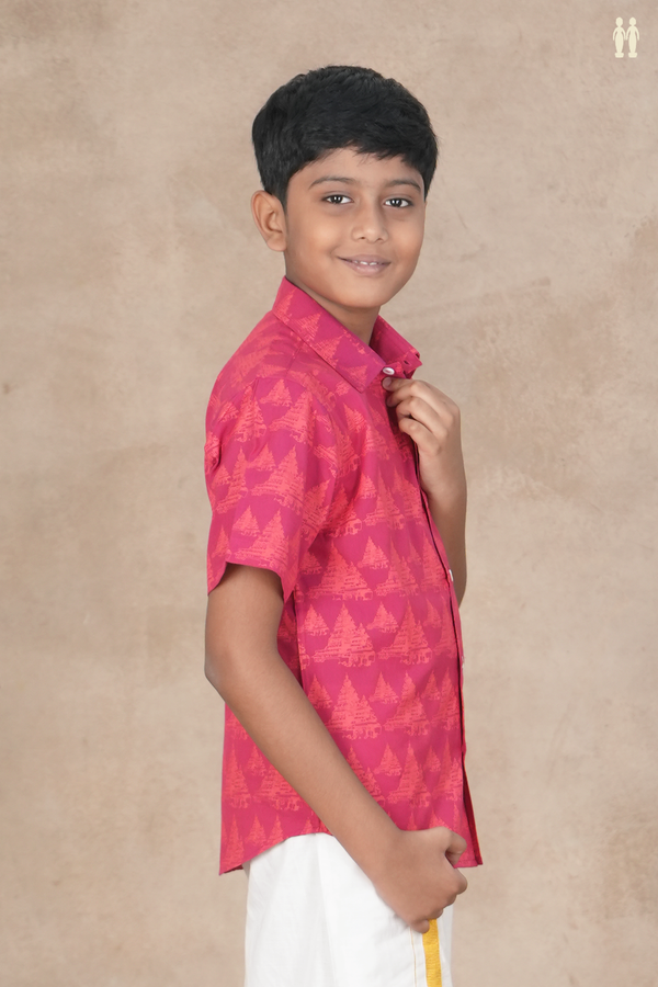 Regular Collar Traditional Temple Design Dark Pink Cotton Shirt