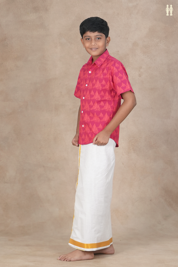 Regular Collar Traditional Temple Design Dark Pink Cotton Shirt