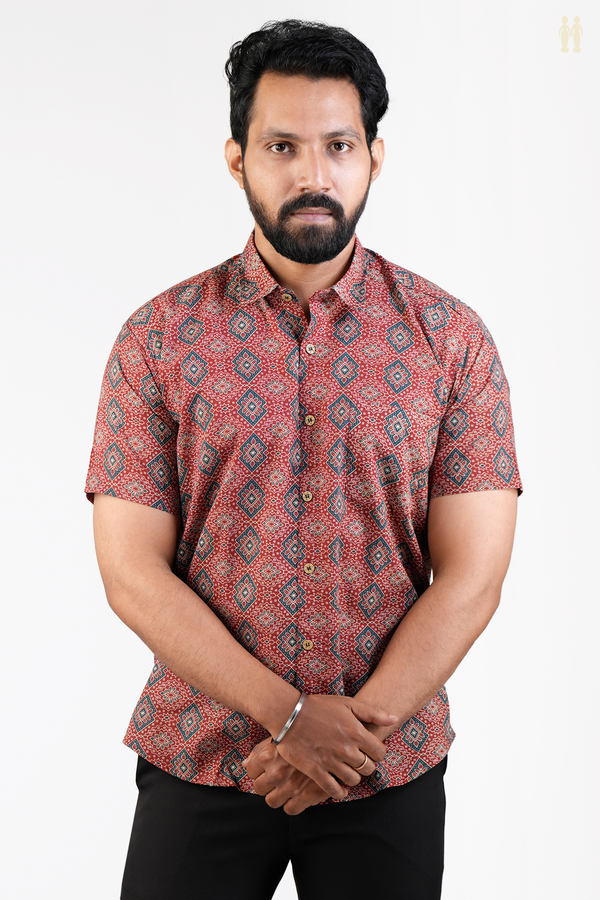 Regular Collar Printed Design Red Cotton Shirt