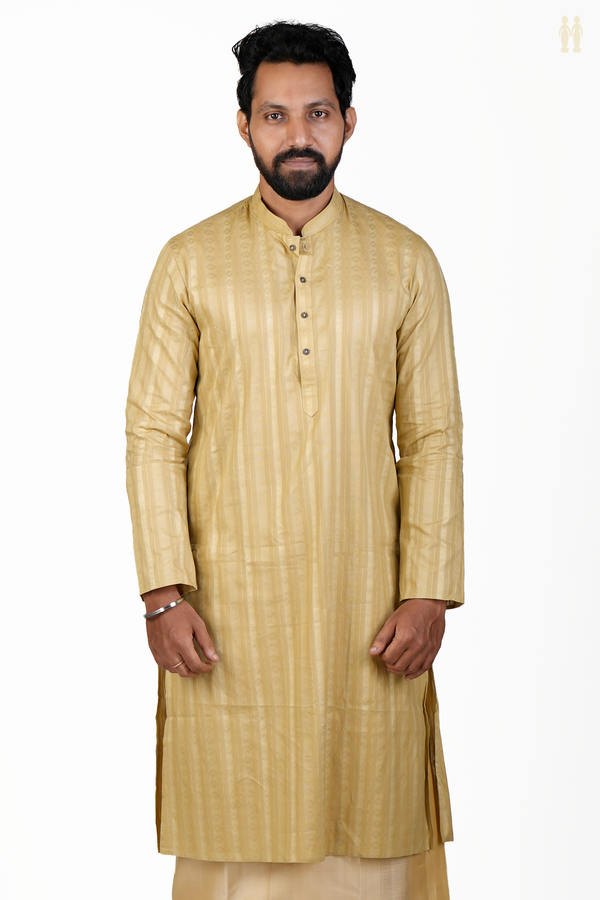 Chinese Collar Threadwork Design Khaki Cotton Long Kurta