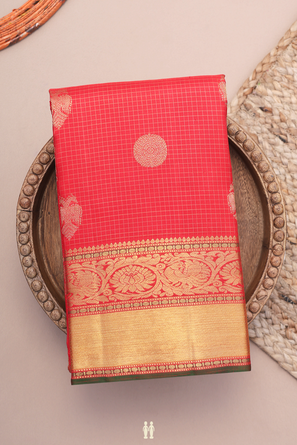 Kanchipuram Silk Saree In Chilli Red Along Checks With Buttas