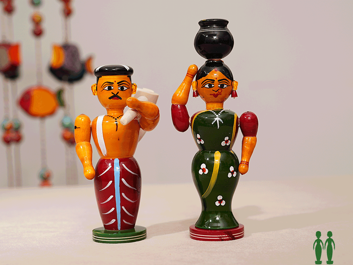 Wooden Handicraft Farmer Couple Dolls For Showpiece