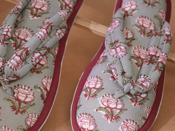 Floral Design Green Cotton Slippers
