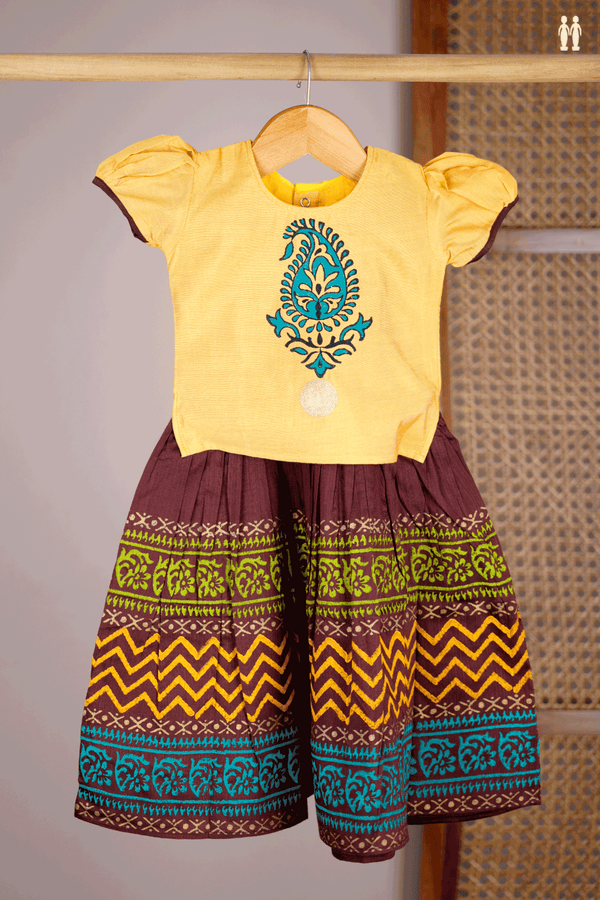 Printed Design Yellow And Brown Readymade Pavadai Sattai