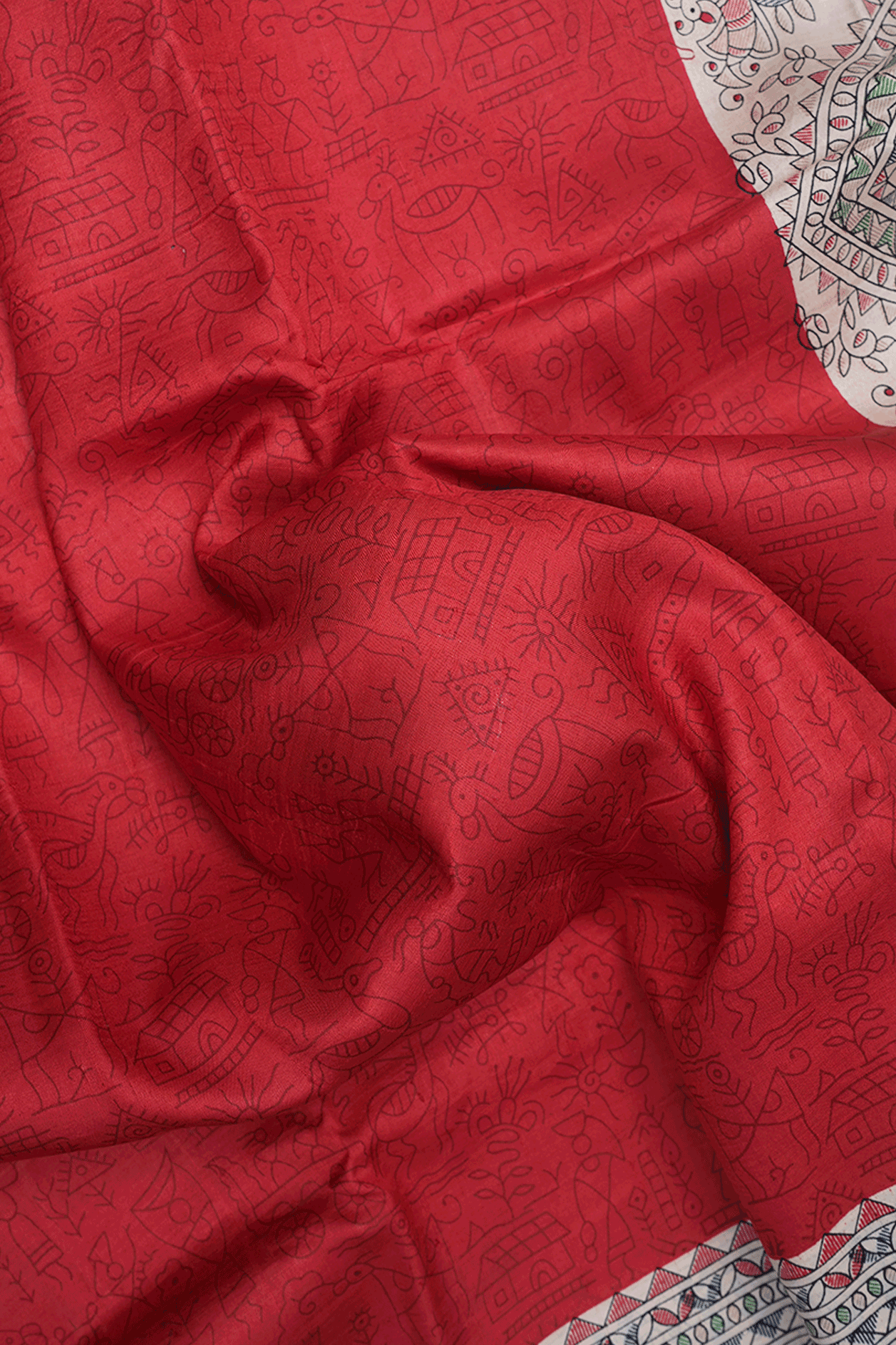 Madhubani Design Border Scarlet Red Printed Silk Saree