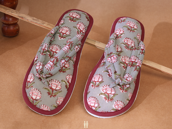 Floral Design Green Cotton Slippers