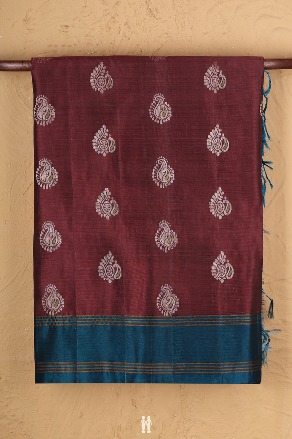 Soft Silk Saree In Brownish Purple With Paisley Buttas