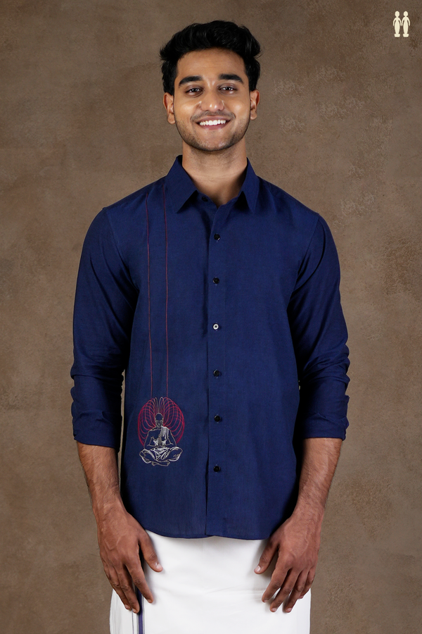 Regular Collar Embroidered Design Oxford Blue Cotton Shirt