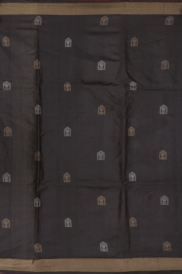 Gold And Silver Zari Motifs Oxford Brown Tussar Silk Saree