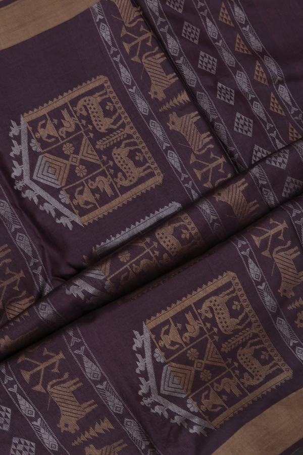 Gold And Silver Zari Motifs Oxford Brown Tussar Silk Saree
