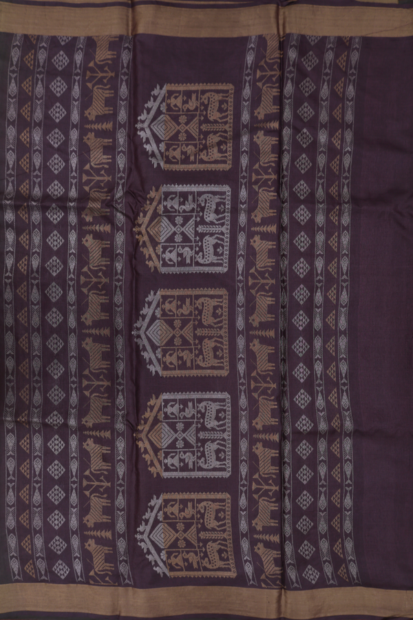Gold And Silver Zari Motifs Oxford Brown Tussar Silk Saree