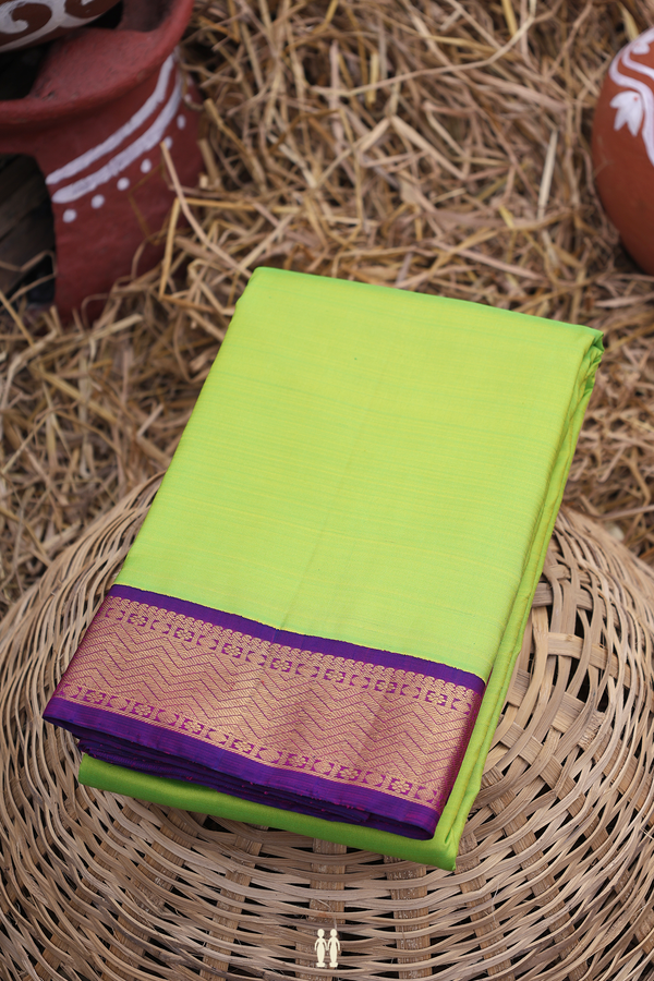 Kanchipuram Silk Saree In Lime Green With Contrast Border