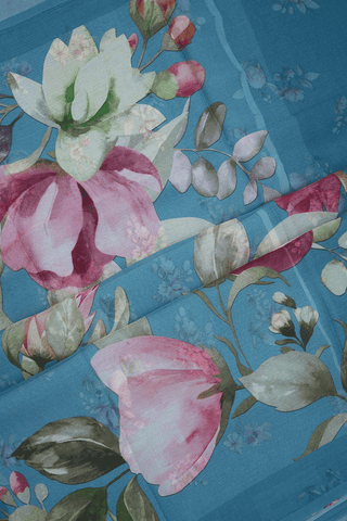 Floral Digital Printed Turkish Blue Chiffon Saree