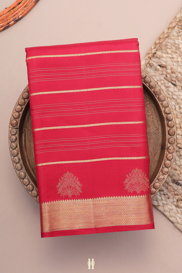 Kanchipuram Silk Saree In Crimson Red With Stripes Design