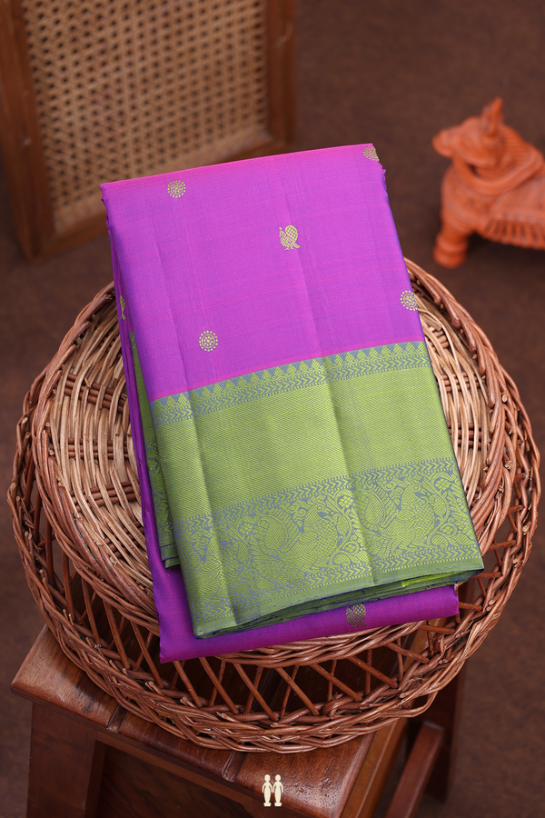 Kanchipuram Silk Saree In Purple With Peacock Buttas