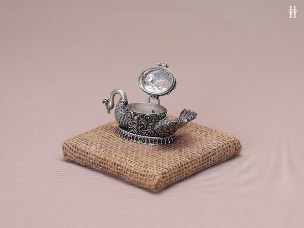 Peacock Design Oxidized Pure Silver Kunguma Chimil