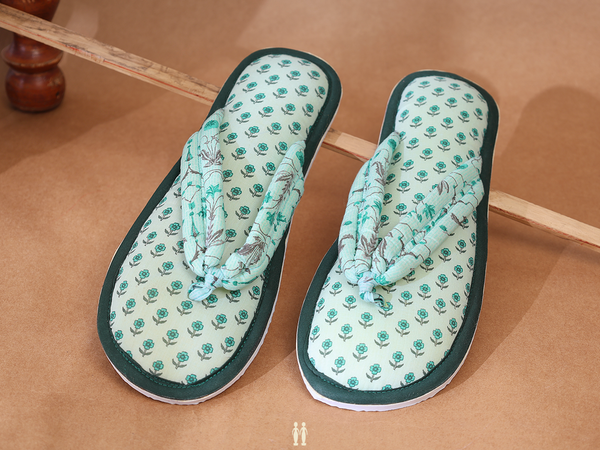 Floral Design Green Cotton Slippers